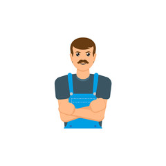 vector flat adult man with mustache, mechanic in uniform with hands crossed smiling. Male portrait caucasian character isolated, illustration on a white background.