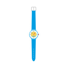 Unfastened mechanical wristwatch, wrist watch with blue plastic wristband, flat vector illustration isolated on white background. Modern mechanical analog wristwatch wrist watch with plastic wristband