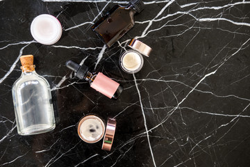 Luxury spa cosmetics flatlay on marble table