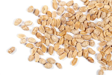 Salted and marinated peanuts, pile isolated on white, top view