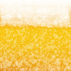 Beer background with realistic bubbles. Cool beverage for restaurant menu design, banners and flyers. Yellow square beer background with white frothy foam. Fresh cup of lager for brewery design.
