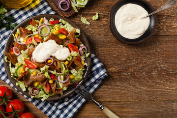 Gyros, kebeb. Salad with mutton and vegetables.
