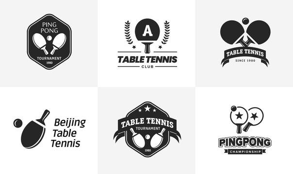 Set of vintage table tennis logos and badges. Collection of the ping pong championship labels.