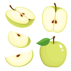 Bright vector set of colorful juicy green apple.