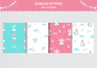 Seamless pattern with cute unicorns, clouds, stars,rainbow and crystals ,template,cards, Vector illustrations