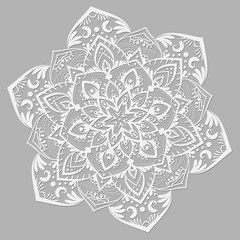 White vector mandala on grey background. Line pattern with floral ornament