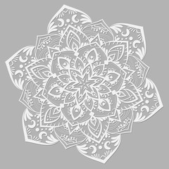 White vector mandala on grey background. Line pattern with floral ornament