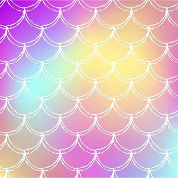 Fish scale on trendy gradient background. Square backdrop with fish scale ornament. Bright color transitions. Mermaid tail banner and invitation. Underwater and sea pattern. Rainbow colors.