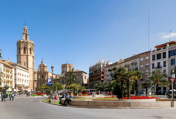 Plaza de la Reina in Valencia, Spain, with the cathedral and bell tower in the distance