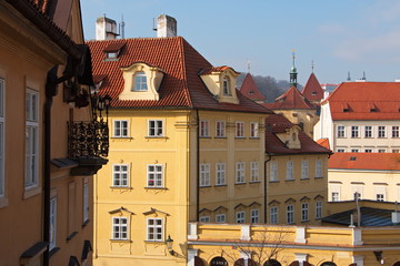 Fototapeta na wymiar View of architecture of Lesser Town from Charles Bridge in Prague 
