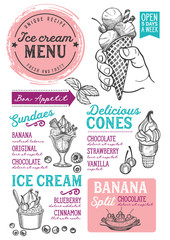 Obraz premium Ice cream restaurant menu. Vector dessert food flyer for bar and cafe. Design template with vintage hand-drawn illustrations.