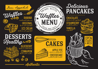 Fototapeta na wymiar Waffles and crepes restaurant menu. Vector pancake food flyer for bar and cafe. Design template with vintage hand-drawn illustrations.