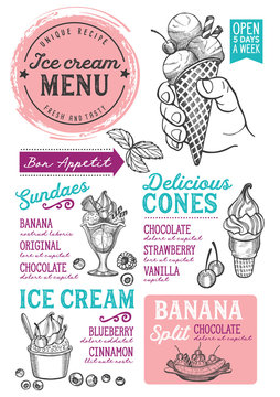 Ice cream restaurant menu. Vector dessert food flyer for bar and cafe. Design template with vintage hand-drawn illustrations.