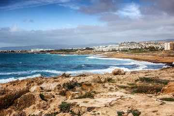 Fototapeta na wymiar a fantastic stunning colorful landscape, a blue sea shore, the coast of Cyprus, the neighborhood of Paphos