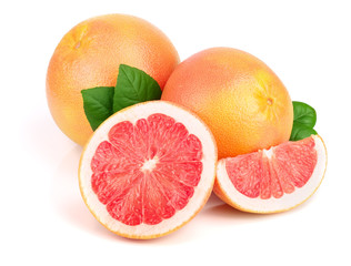 grapefruit and slices with leaves isolated on white background