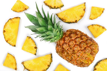 Sliced pineapple isolated on white background. Top view. Flat lay pattern