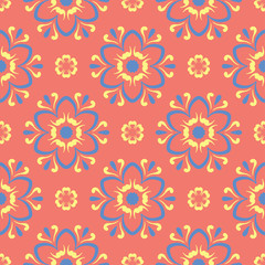 Floral red seamless pattern. Bright colored background with yellow and blue flower elements