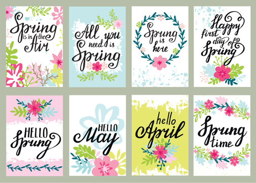 Springtime floral greeting card vector set with spring quotes