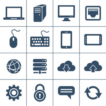 Personal computers and network devices icons. Vector icon