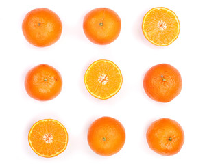 Mandarin, tangerine citrus fruit isolated on white background. Top view. Flat lay
