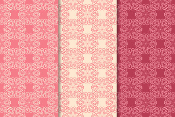 Set of red floral ornaments. Cherry pink vertical seamless patterns