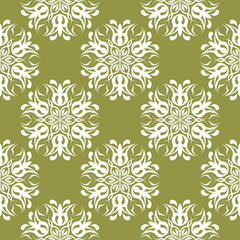 White floral seamless pattern on olive green background
