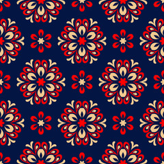 Blue seamless background. Floral beige and red pattern