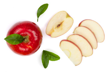 red apples with slices and leaves isolated on white background top view. Set or collection. Flat lay pattern