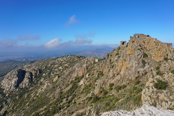 Landscape from the top of Sant Salvador Saverdera mountain with the ruins of castle de Verdera, Spain, Catalonia, Alt Emporda, Girona