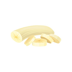 Peeled banana with four sliced pieces. Graphic design element for cafe menu, products packaging or promo poster. Food icon. Detailed flat vector illustration