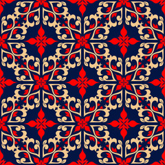 Fototapeta premium Blue seamless background. Floral beige and red pattern