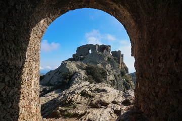 Fototapeta na wymiar The ruins of the castle de Verdera located at the top of Sant Salvador Saverdera mountain, Spain, Catalonia, Alt Emporda, Girona