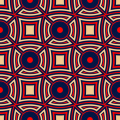 Geometric blue seamless background. Colored red and beige pattern
