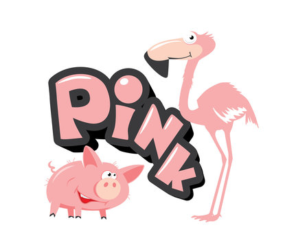 Pink color. Pig and flamingo