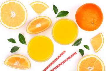 orange juice glass with slices of citrus and green leaves isolated on white background, top view. Flat lay pattern