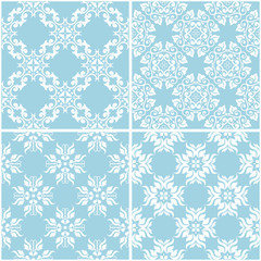 Floral patterns. Set of blue and white seamless backgrounds