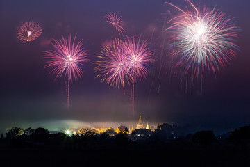 Wat Den Sa Li Mueang Kaen (Ban Den), Inthakit, Mae Taeng, Chiang Mai, Thailand,with beautiful fireworks In celebration