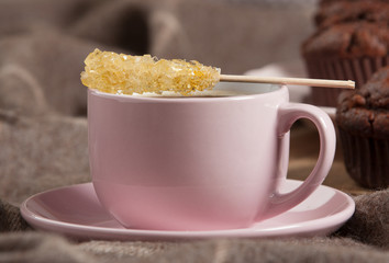 Morning Coffee. Rock Cane Sugar Stick. Home Baked Chocolate Muffins.
