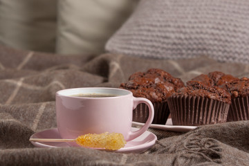 Morning Coffee. Rock Cane Sugar Stick. Home Baked Chocolate Muffins.