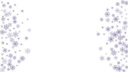 Fototapeta na wymiar Snowflake border with ultra violet snow. Winter frame for gift coupons, vouchers, ads, party events. Christmas background with snowflake border for holiday banner. New Year frosty backdrop