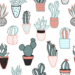 Seamless hipster pattern made of cactuses in flower pots.