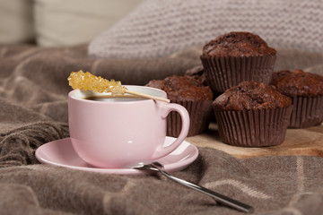 Morning Coffee. Rock Cane Sugar Stick. Home Baked Chocolate Muffins.