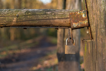 Padlock on a wooden gate with a footpath into the forest in the blurry background, seen at Saarner Mark, Muelheim an der Ruhr, North Rhine-Westphalia, Germany