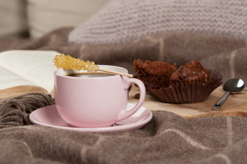 Morning Coffee. Rock Cane Sugar Stick. Home Baked Chocolate Muffins.