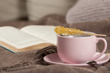 Morning Coffee. Rock Cane Sugar Stick. Home Baked Chocolate Muffins.