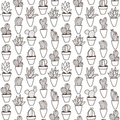 Seamless hipster pattern made of cactuses in flower pots.