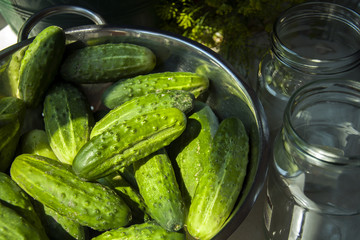 Cucumbers in a bowl and empty jars