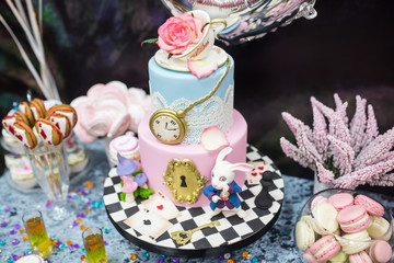 Candy cakes and other sweets on the table. Decor. Candybar.