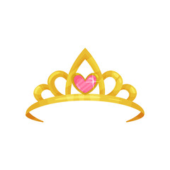 Cartoon icon of shiny princess crown with precious pink stone in shape of heart. Golden ancient queen tiara. Symbol of royal dignity. Colorful flat vector design