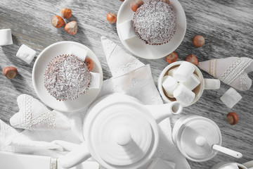 Teapot, cupcakes and different decorations